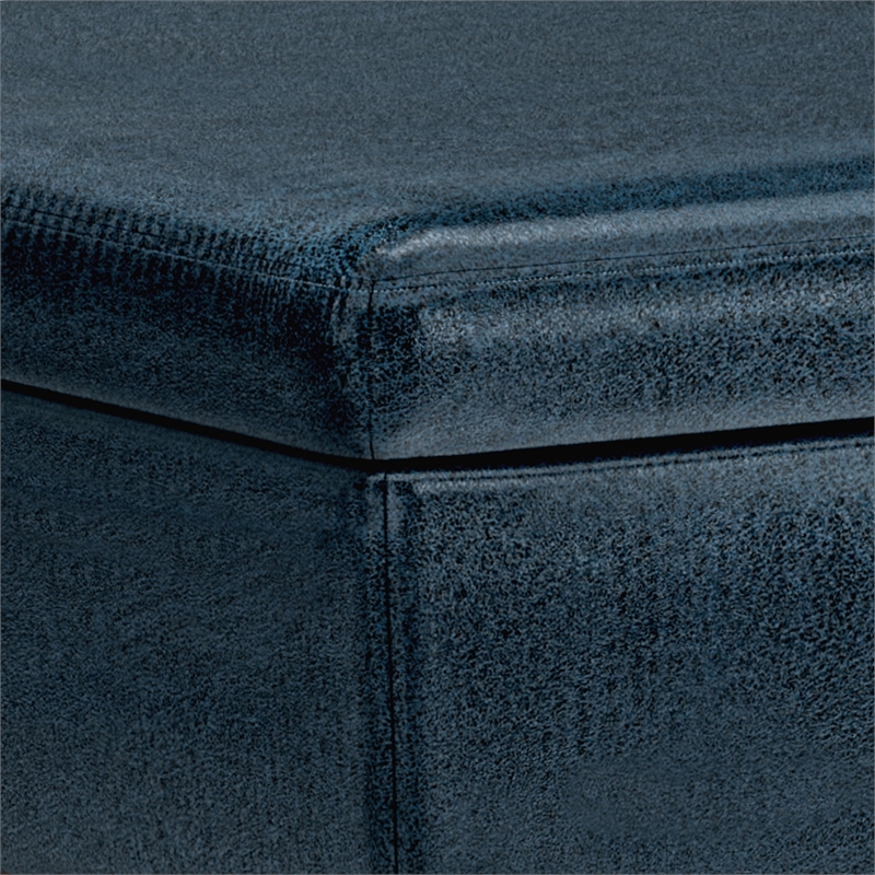 Simpli Home Owen Faux Leather Coffee Table with Storage in Distressed Dark Blue