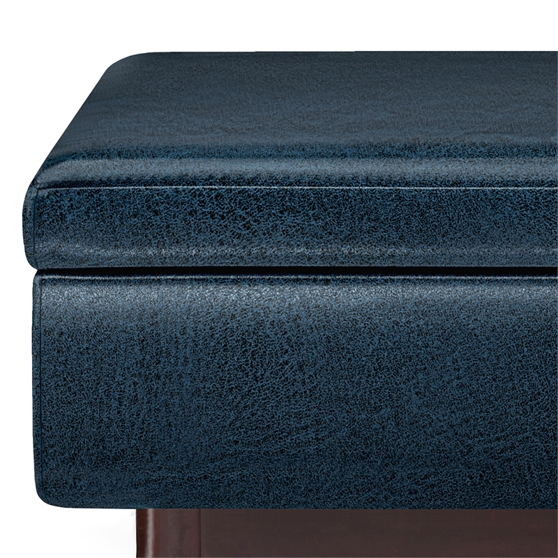 Simpli Home Owen Faux Leather Coffee Table with Storage in Distressed Dark Blue