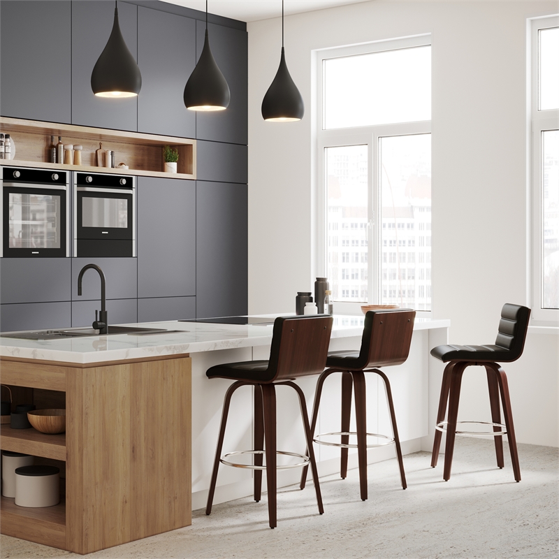 Roland Modern Swivel  Bar Stool in Black Vegan Faux Leather