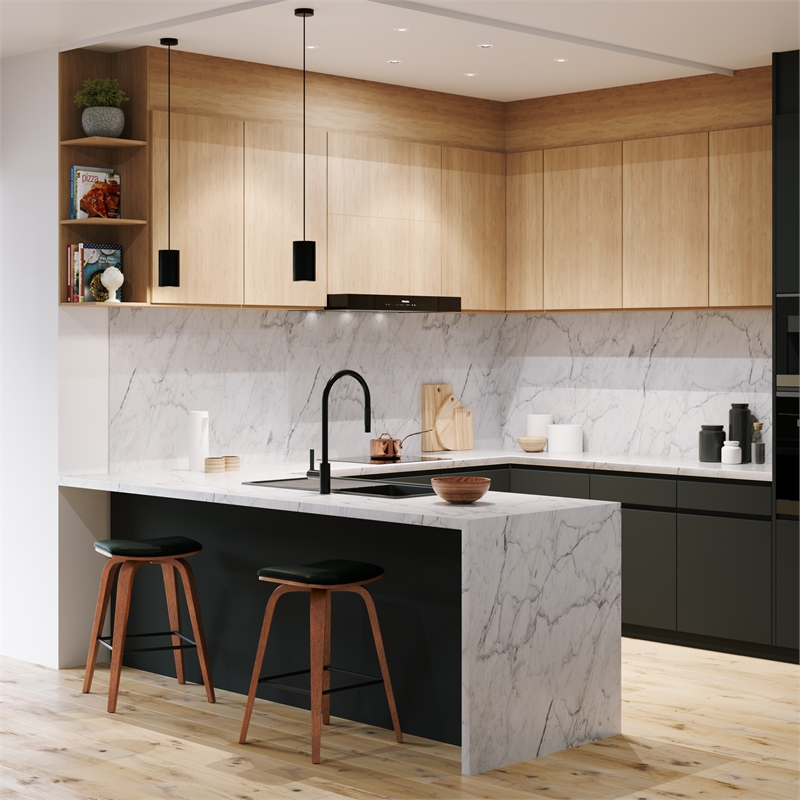 Larsen Contemporary Saddle Bar Stool (Set of 2) in Black Faux Leather