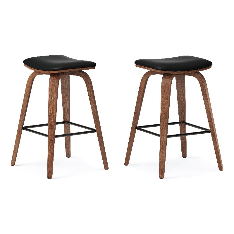 Larsen Contemporary Saddle Bar Stool (Set of 2) in Black Faux Leather