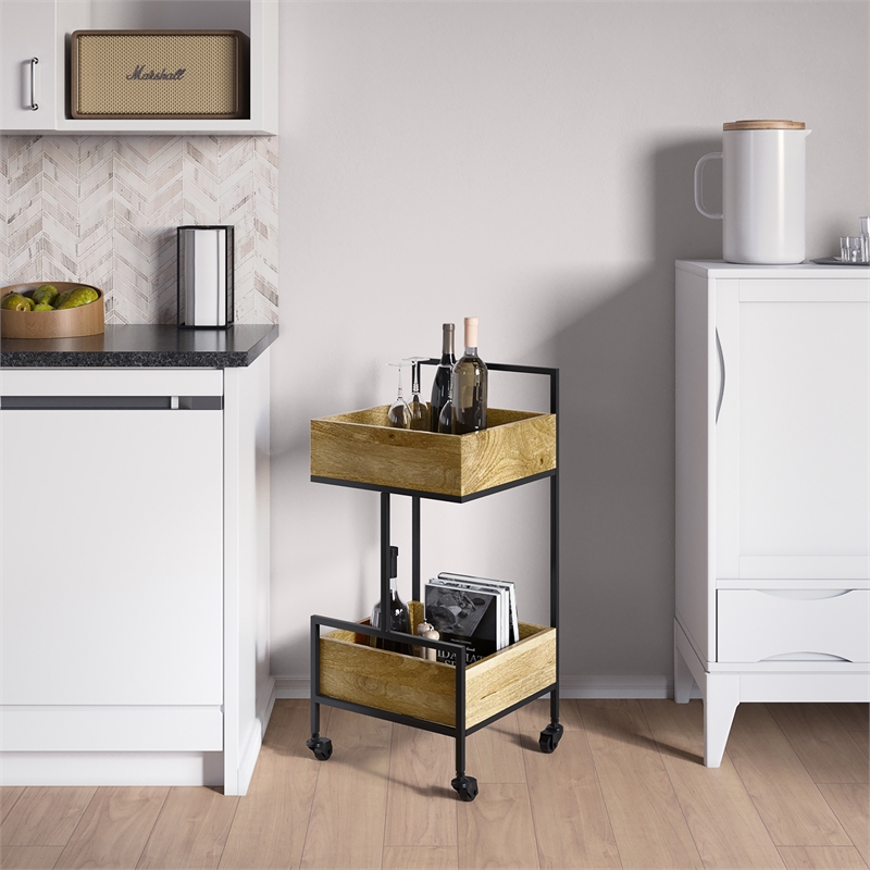 Hobbs Modern Industrial Solid Mango Wood and Metal Bar Cart in Natural
