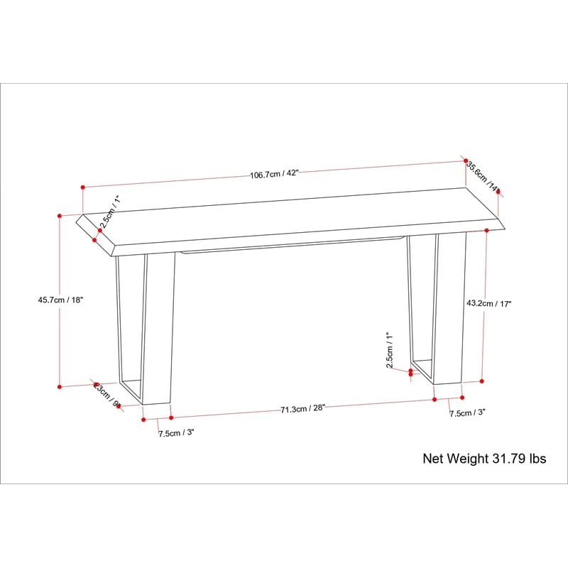 Lewis SOLID MANGO WOOD 42 inch Wide Contemporary Bench in Cognac