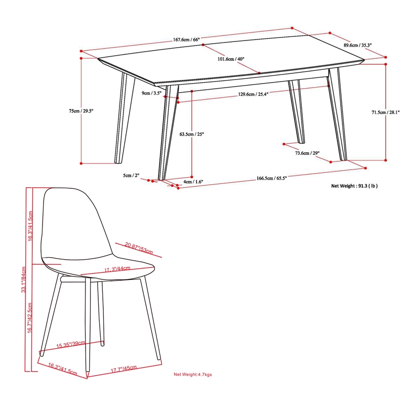 Alpine / Draper 5 Piece Dining Set in Rose  and 66 inch Wide Table