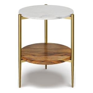 Wagner  18 inch Wide Metal Round Marble & Wood Side Table in White/Natural