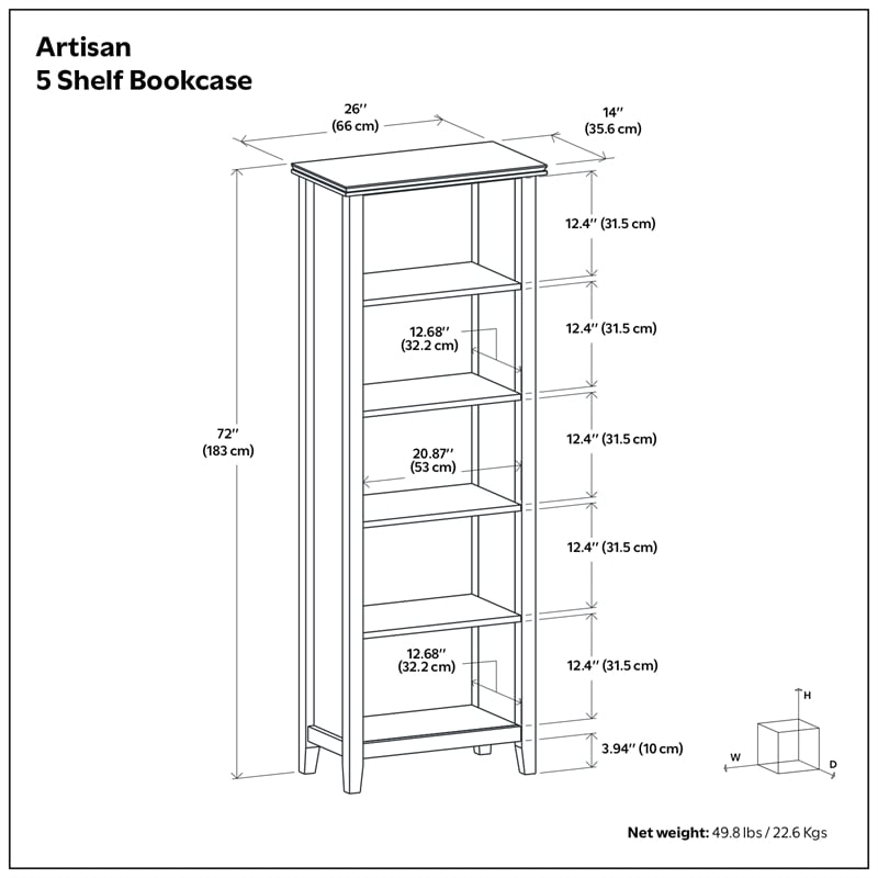 Artisan SOLID WOOD 72 inch x 26 inch Contemporary 5 Shelf Bookcase in White