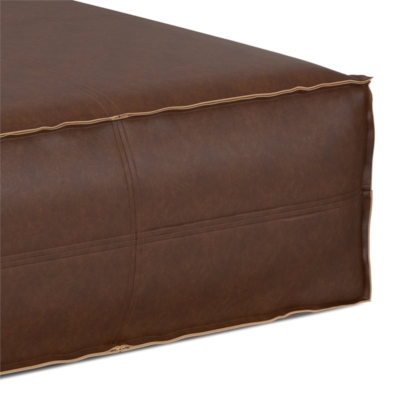 Brody Boho Square Pouf in Distressed Dark Brown Vegan Faux Leather
