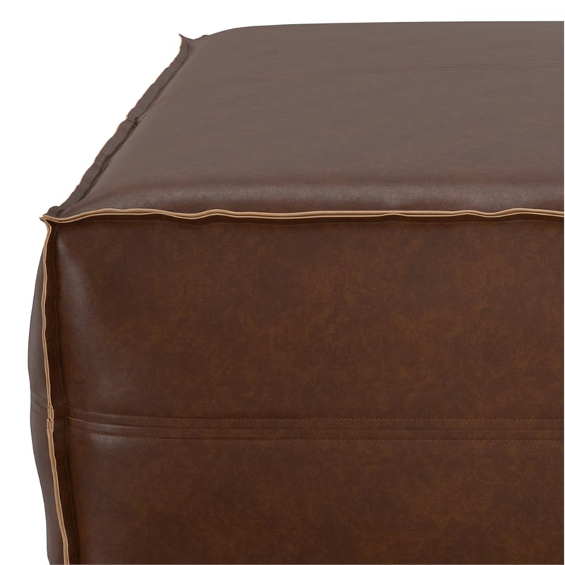 Brody Boho Square Pouf in Distressed Dark Brown Vegan Faux Leather