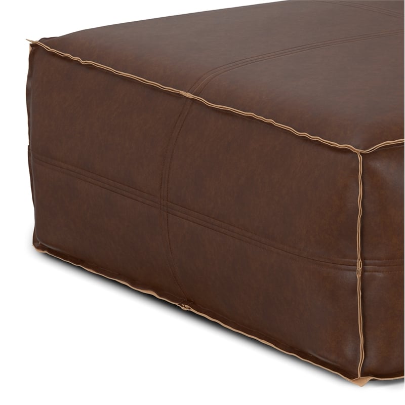 Brody Boho Square Pouf in Distressed Dark Brown Vegan Faux Leather