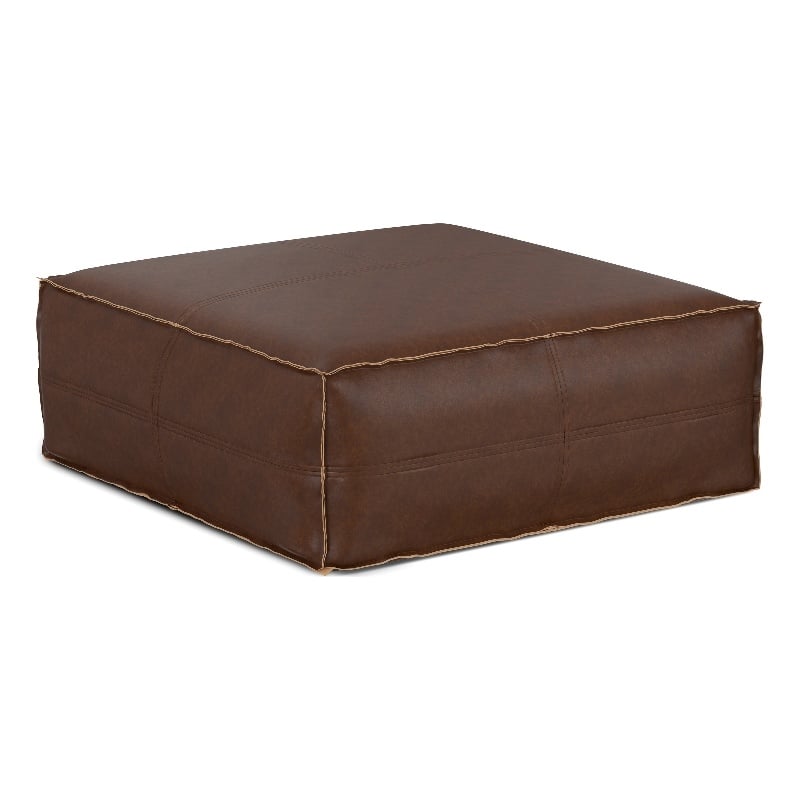 Brody Boho Square Pouf in Distressed Dark Brown Vegan Faux Leather