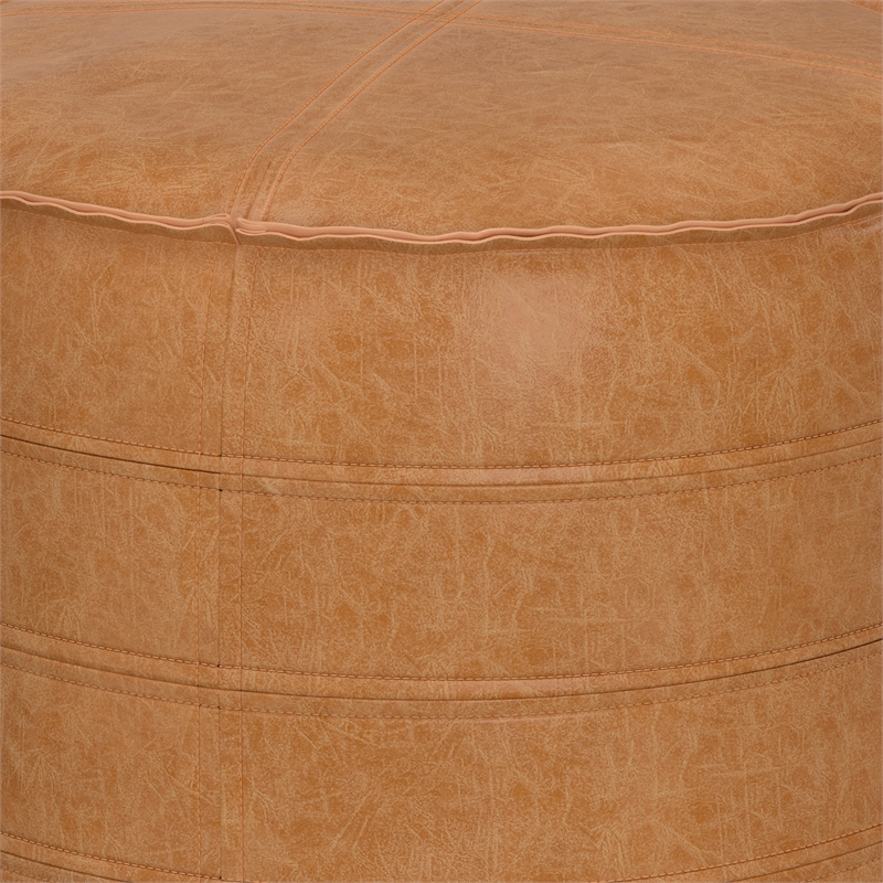 Brody Boho Round Pouf in Distressed Brown Faux Leather