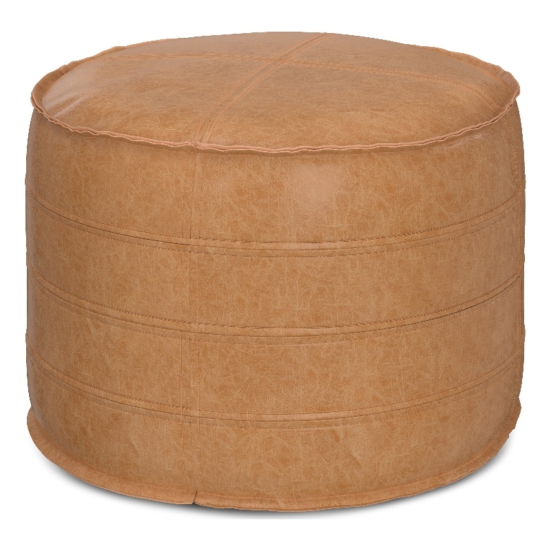 Brody Boho Round Pouf in Distressed Brown Faux Leather