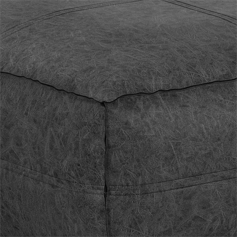 Brody Boho Square Pouf in Distressed Black Faux Leather