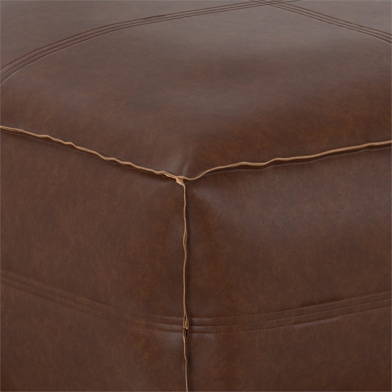 Brody Boho Square Pouf in Distressed Dark Brown Faux Leather