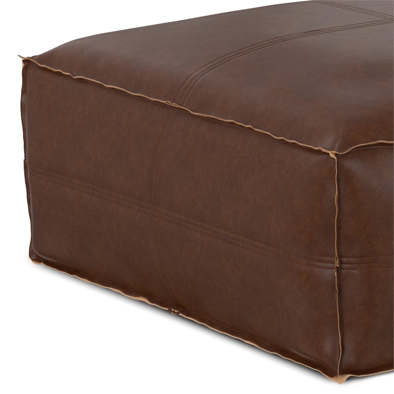 Brody Boho Square Pouf in Distressed Dark Brown Faux Leather