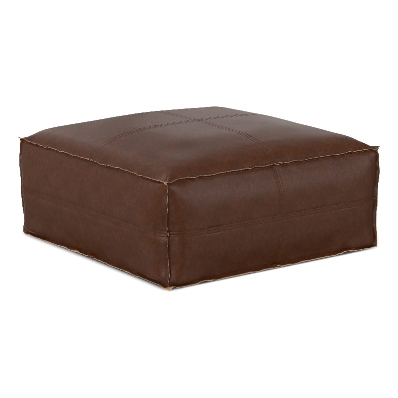 Brody Boho Square Pouf in Distressed Dark Brown Faux Leather