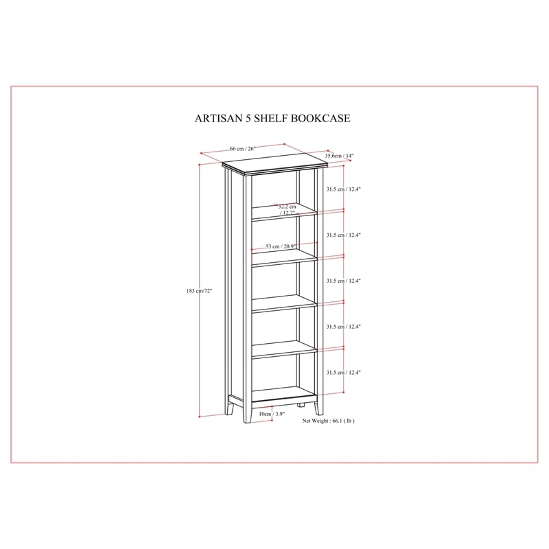 Artisan SOLID WOOD 72 inch x 26 inch Contemporary 5 Shelf Bookcase in Black