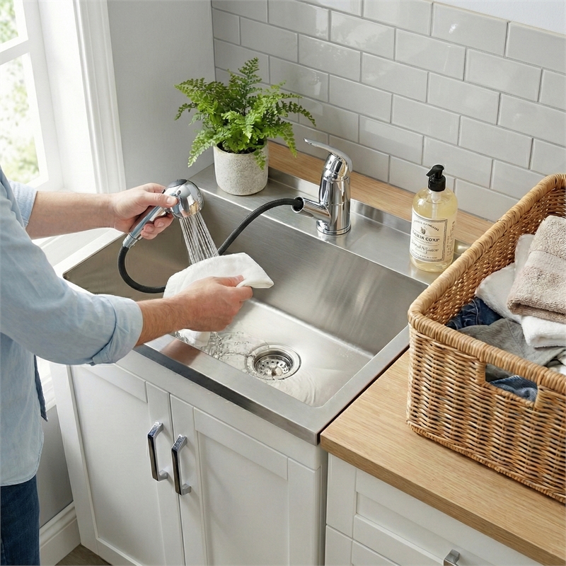 Kyle Transitional 28 inch Laundry Cabinet with Faucet and Stainless Steel Sink