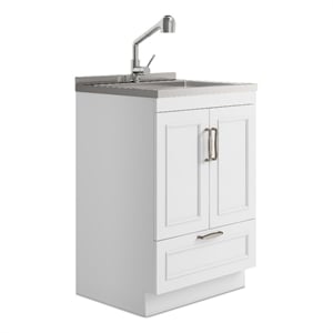 Simpli Home 24&quotW Laundry Cabinet with Faucet & Stainless Steel Sink in White