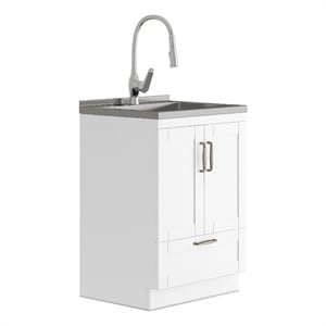 Simpli Home  Reed 24&quot Laundry Cabinet w/ Faucet & Stainless Steel Sink in White