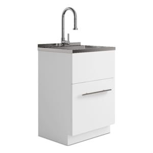 Simpli Home 24&quot Laundry Cabinet with Faucet and Stainless Steel Sink in White