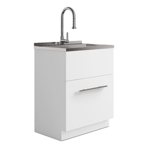 Simpli Home 28&quotW Laundry Cabinet with Faucet and Stainless Steel Sink in White