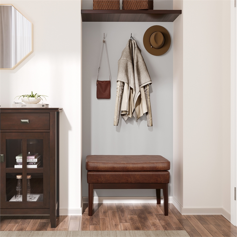 Carlson 27 inch Wide Ottoman Bench in Distressed Saddle Brown Vegan Faux Leather