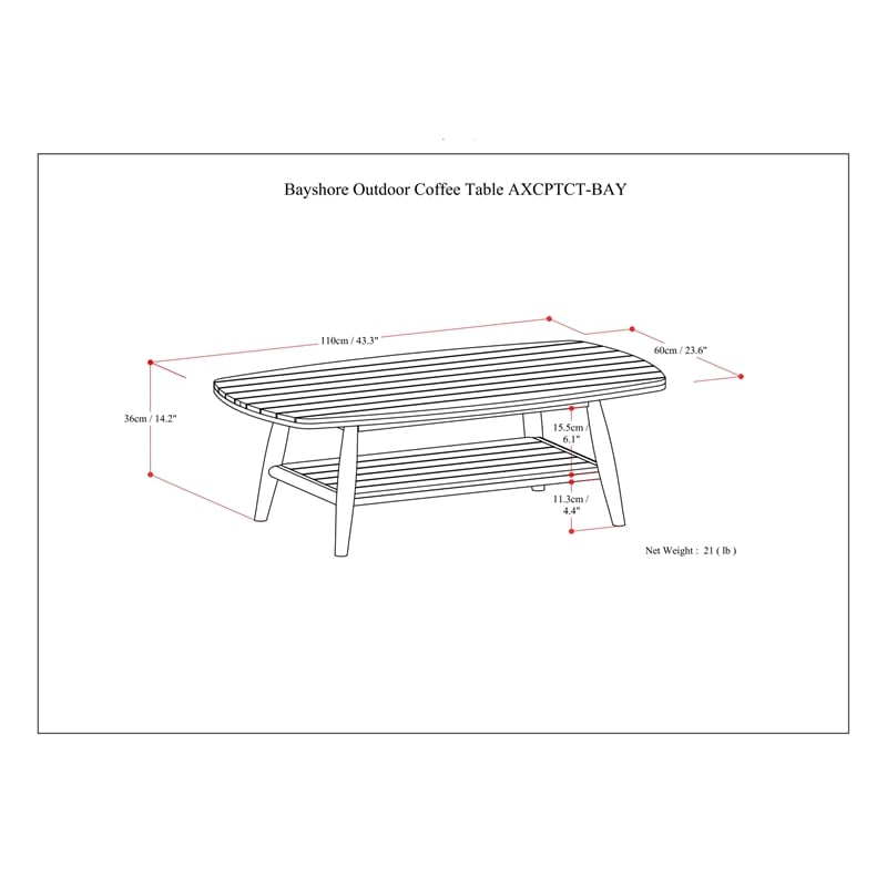 Bayshore 43 inch Wide Contemporary Outdoor Coffee Table in Light Teak