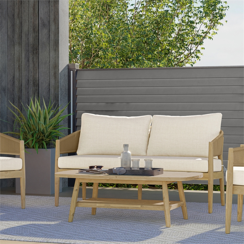 Bayshore 43 inch Wide Contemporary Outdoor Coffee Table in Light Teak