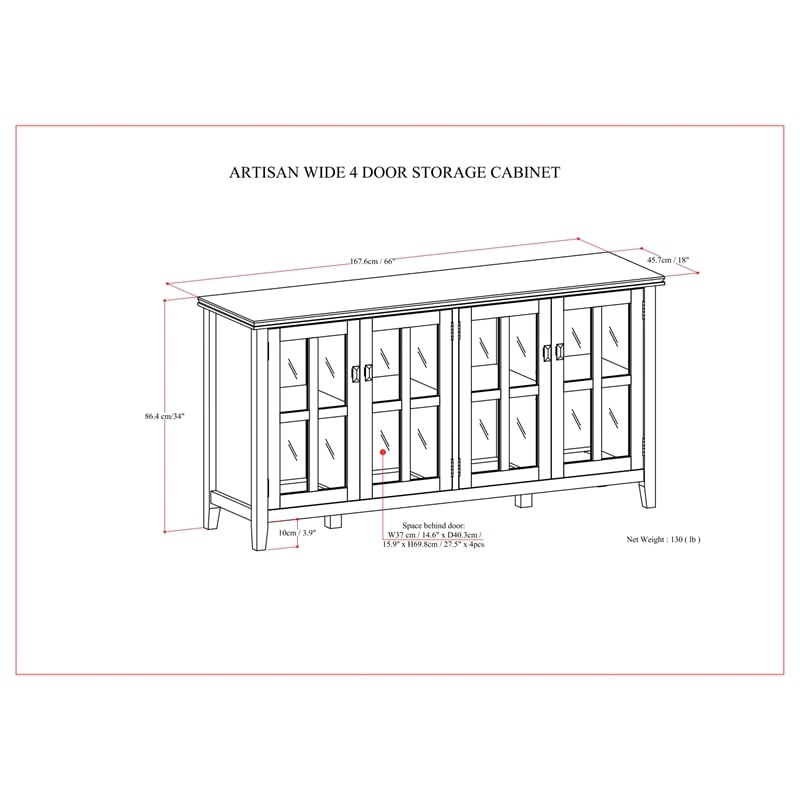 Artisan SOLID WOOD 66 inch Wide Wide 4 Door Storage in Black