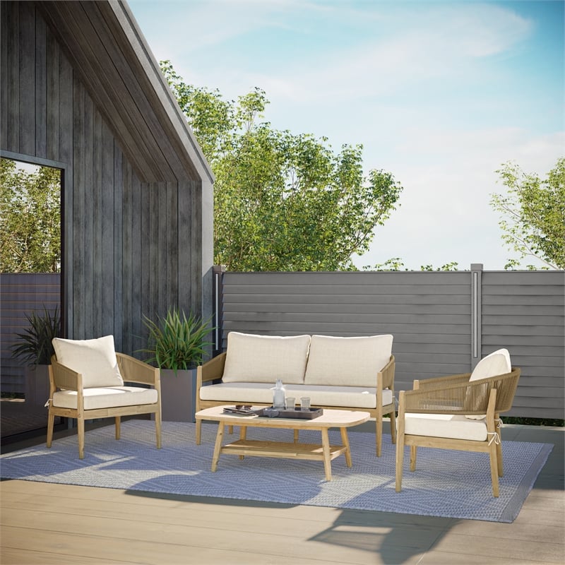 Bayshore Contemporary 4Pcs Outdoor Conversation Set in Natural Polyester Fabric