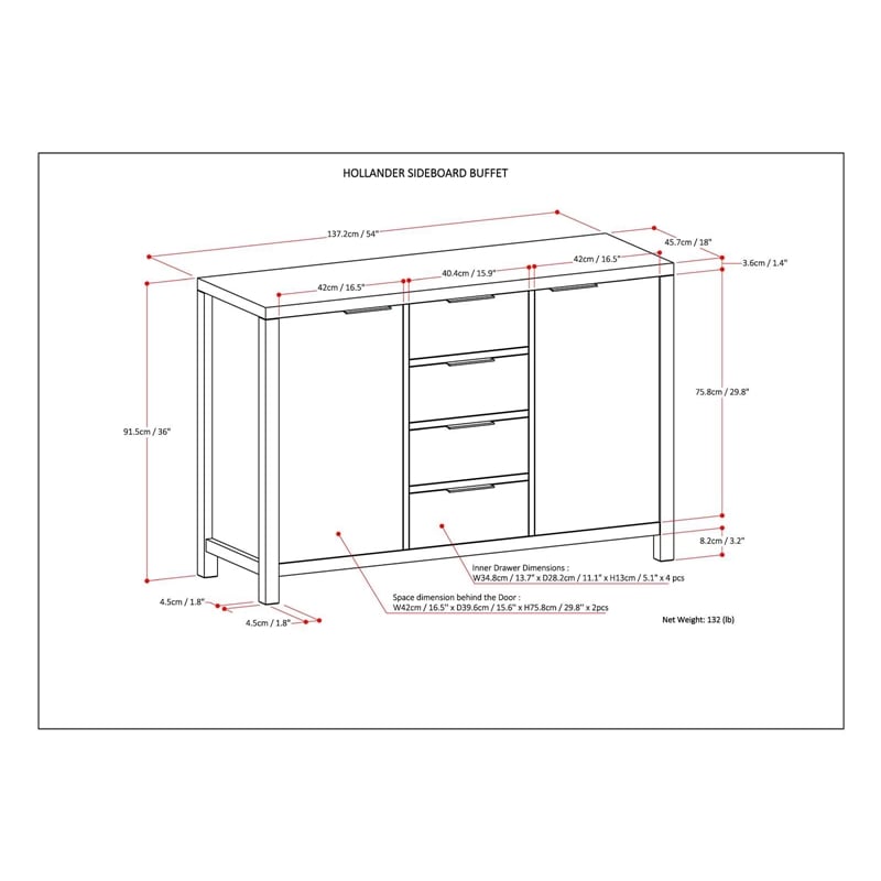 Hollander SOLID WOOD 54 inch Wide Contemporary Sideboard Buffet in White