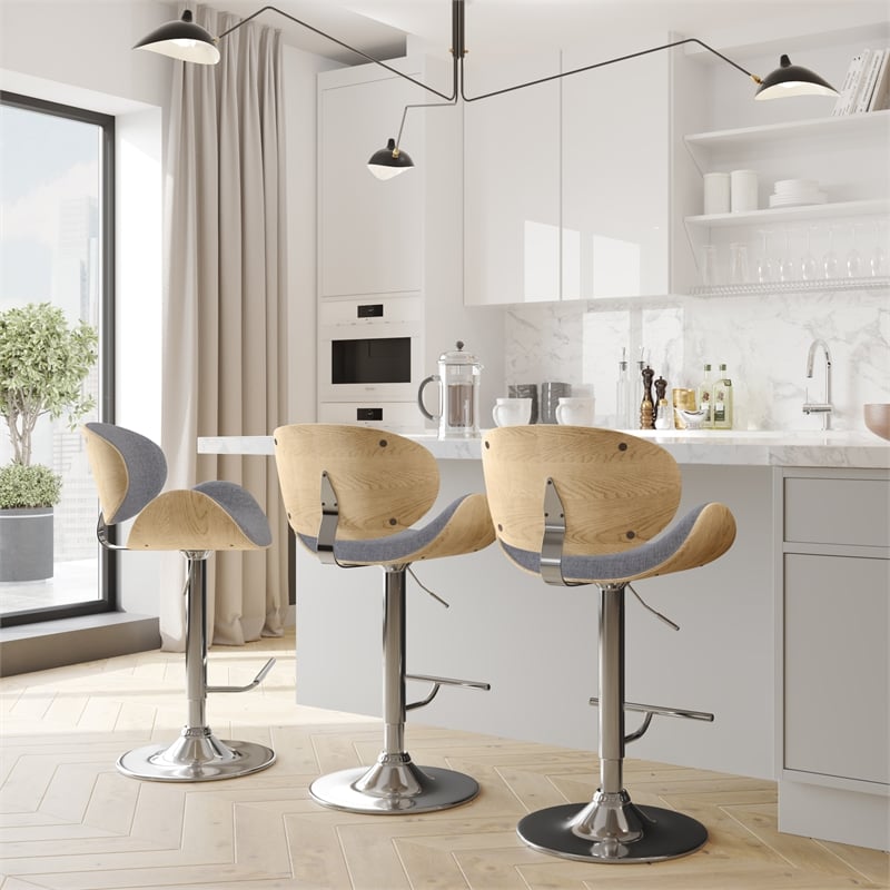 Marana Modern Bentwood Gas Lift Bar Stool with Light wood in Gray Polyester