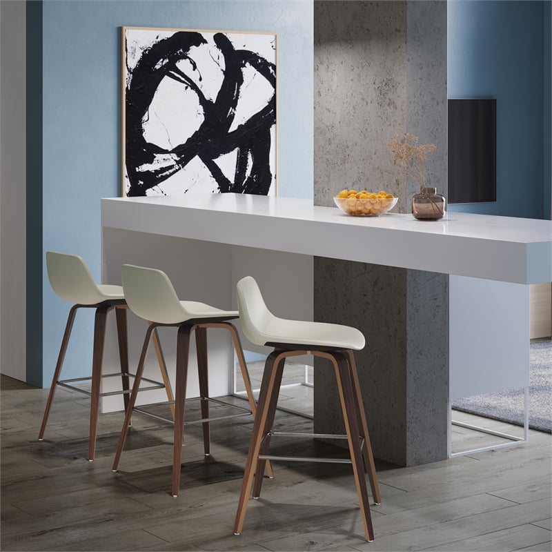 Randolph 28 inch Seat Height Mid Century Modern Bentwood Counter/Bar Height Stool in Cream PU Leather (Set of 2)