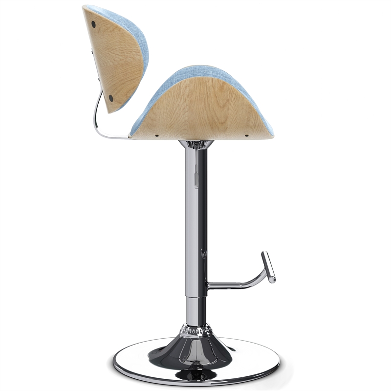 Marana Modern Bentwood Gas Lift Bar Stool with Light wood in Blue Polyester