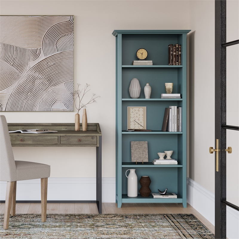 Amherst 30 inch Wide Solid Wood Transitional 5 Shelf Bookcase in French Blue