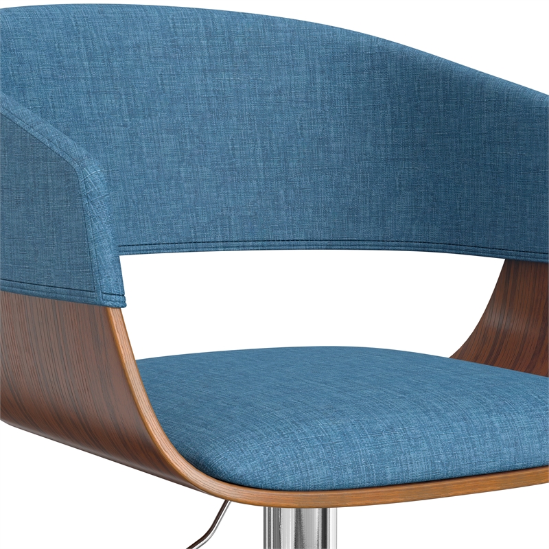 Lowell Mid Century Modern Adjustable Swivel Bar Stool in Blue Linen Look Fabric
