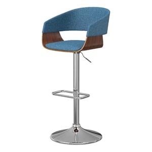 Lowell Mid Century Modern Adjustable Swivel Bar Stool in Blue Linen Look Fabric