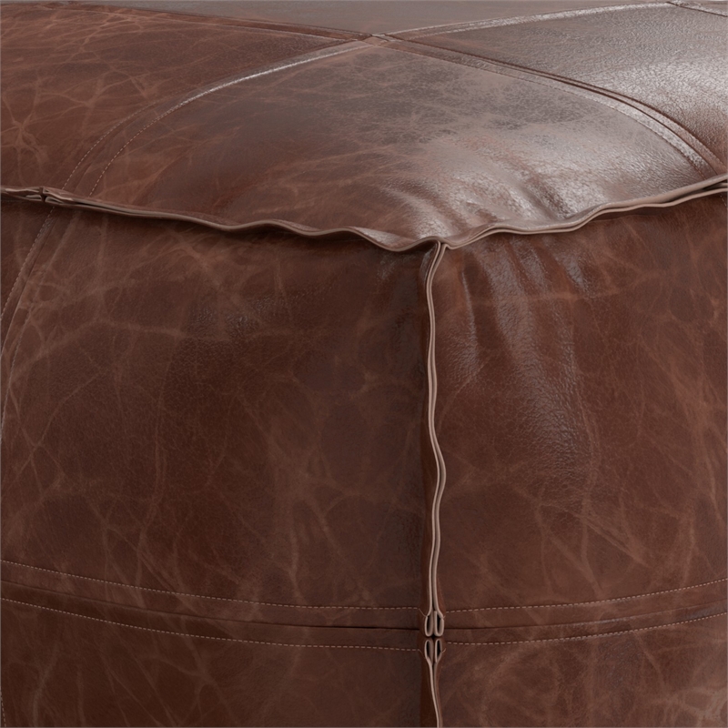 Simpli Home Sheffield Upholstered Square Genuine Leather Pouf in Dark Brown