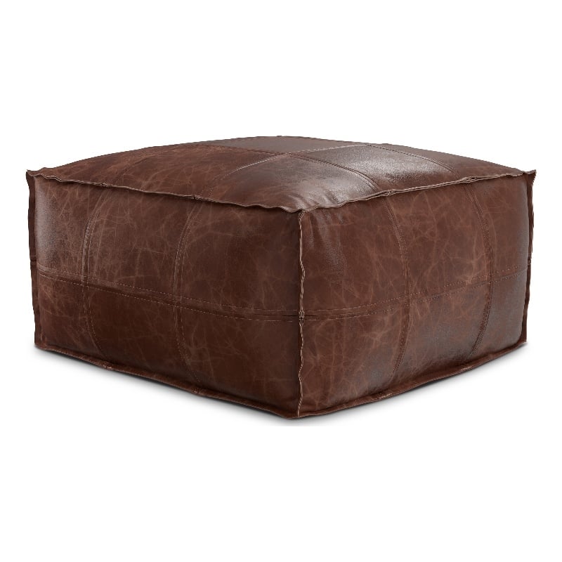 Simpli Home Sheffield Upholstered Square Genuine Leather Pouf in Dark Brown