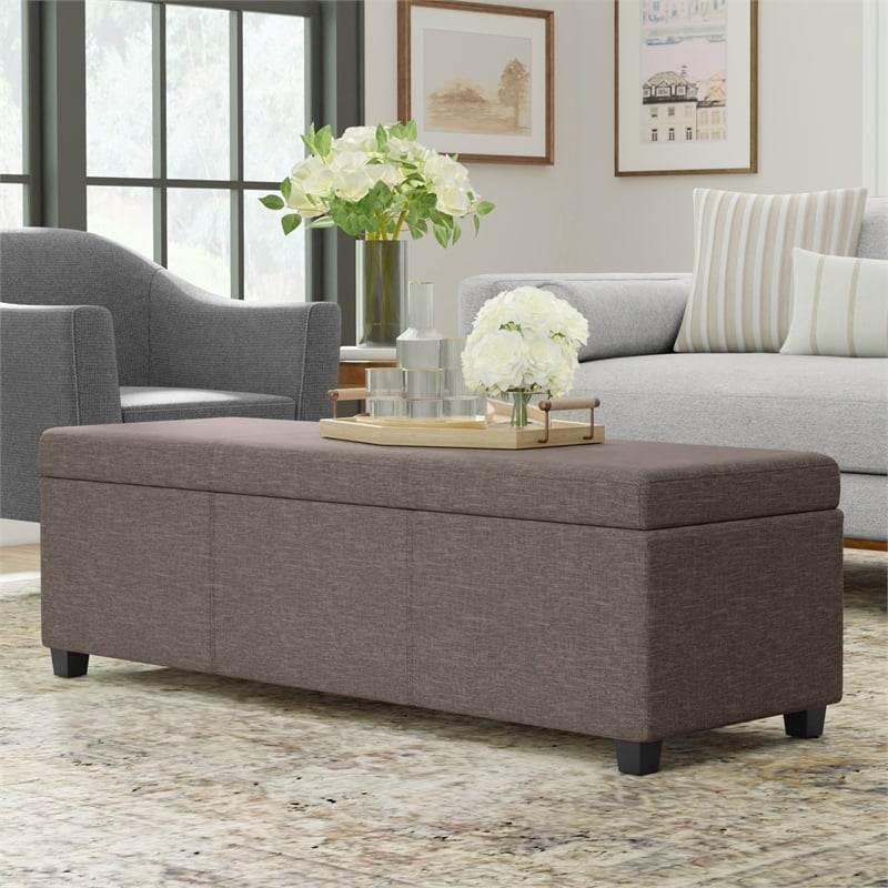 Simpli Home Avalon Contemporary Wood & Fabric Storage Ottoman Bench in Brown