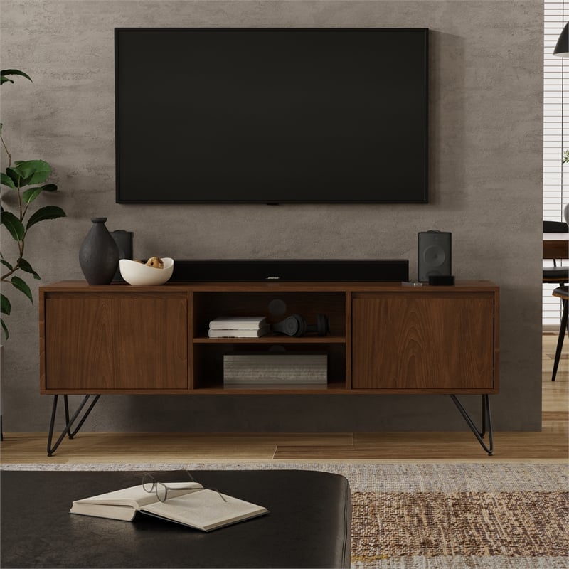 hunter 60&quot wide industrial tv media stand in walnut wood for tvs up to 65 inches
