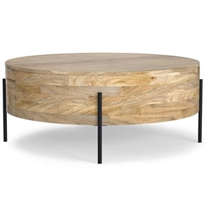 Rayburn MANGO WOOD 38&quot Wide Round Modern Industrial Drum Coffee Table in Natural
