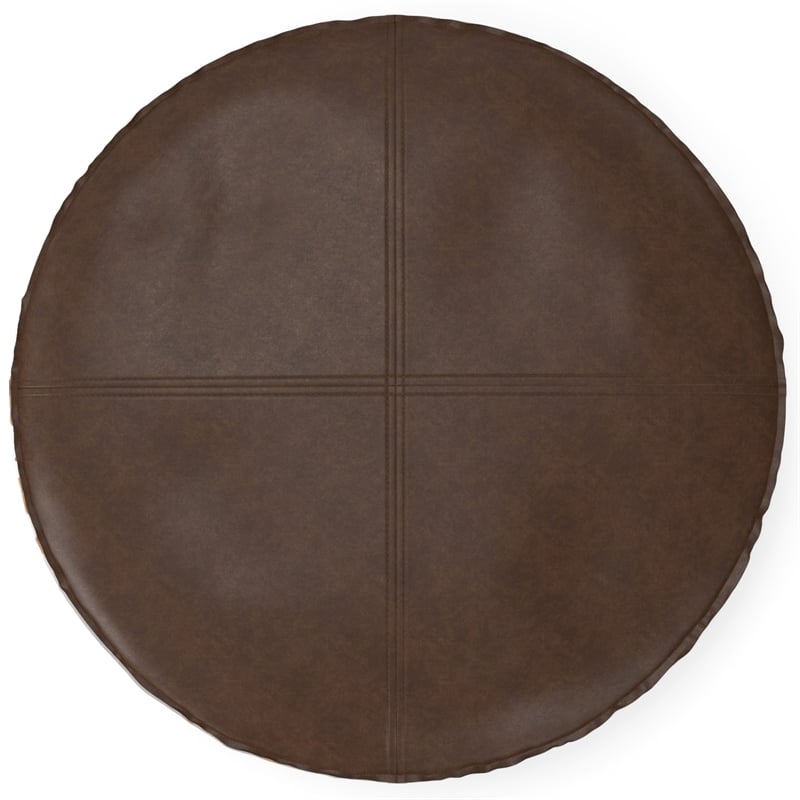 Brody Boho Round Pouf in Distressed Dark Brown Vegan Faux Leather