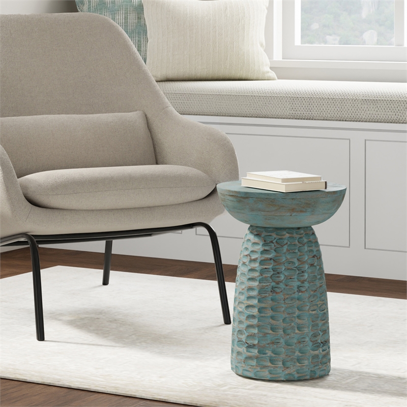 Boyd 13 inch Wide Solid Wood Contemporary Accent Table in Teal Wash & Assembled