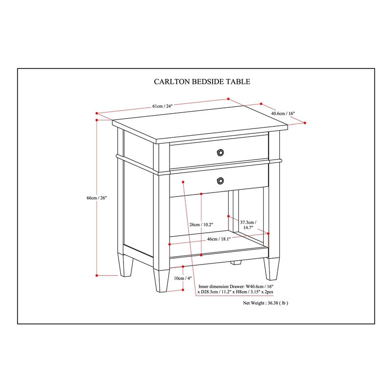 Carlton SOLID WOOD 24 inch Wide Contemporary Bedside Nightstand Table in Black