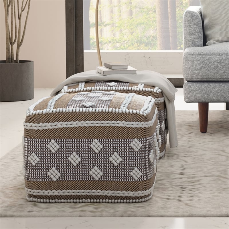 Mapleton Boho Square Pouf in White and Gray Polystyrene Filling