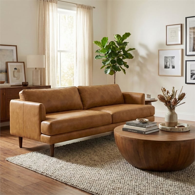 Livingston 90 inch Wide Modern Sofa in Sienna Top Grain Genuine Leather