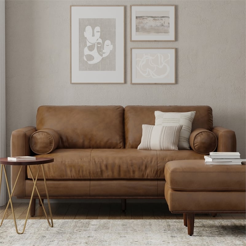 Morrison 72 inch Wide Modern Sofa in Caramel Brown Top Grain Genuine Leather