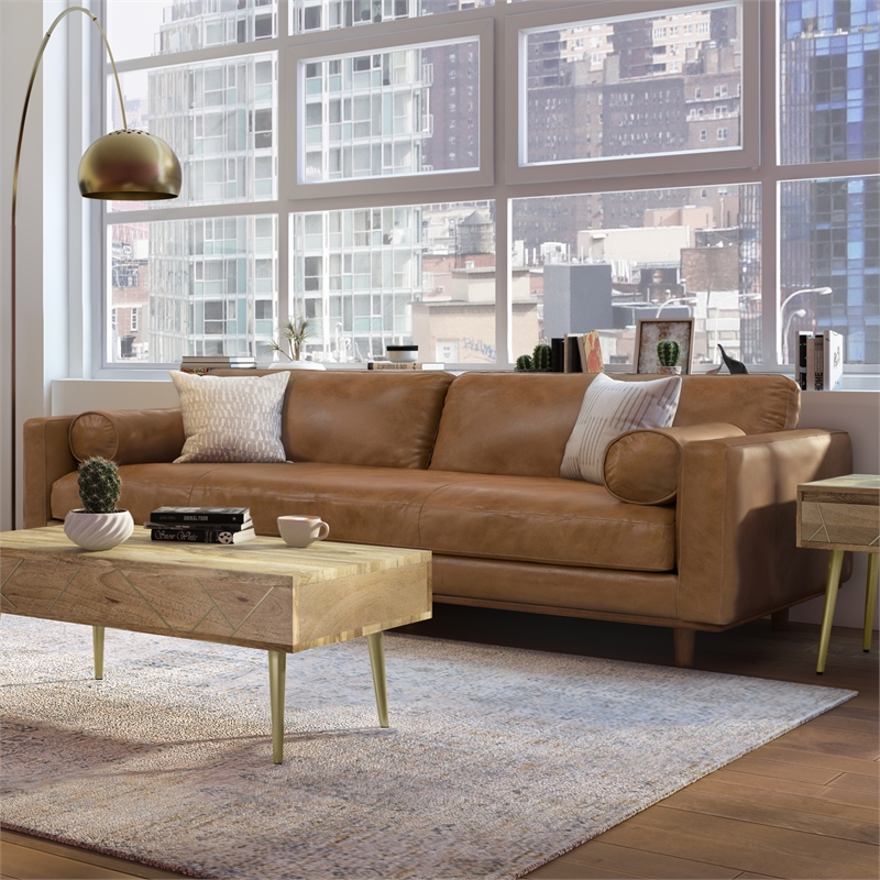 Morrison Modern 89 inch Wide Sofa in Caramel Brown Top Grain Genuine Leather